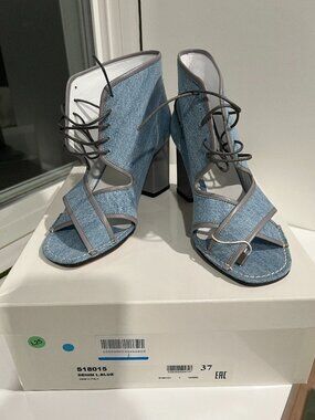 Steven Venezia Denim Open Toe Lace-up Ankle Boot Sandals with Grey Heels 37